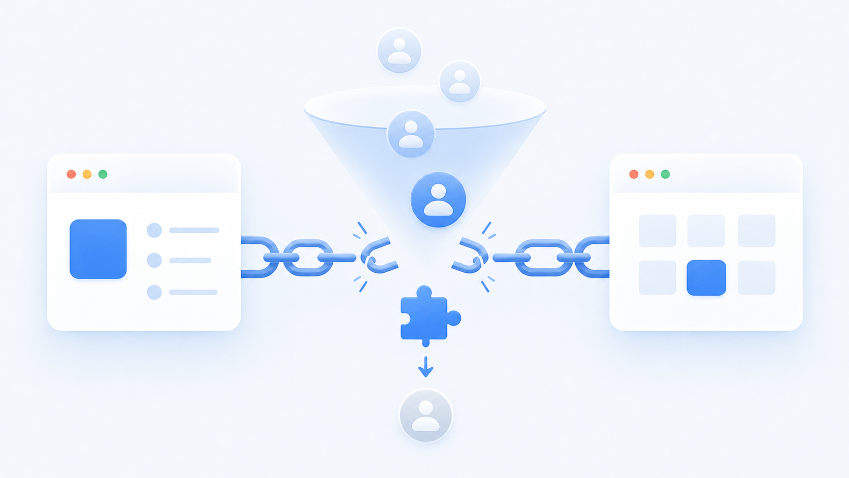 A B2B sales pipeline visualization showing a broken chain or gap in a funnel, with a symbolic disconnected puzzle piece blocking the flow. Clean, modern flat illustration style with blues and grays, depicting a deal falling through due to a missing connection between two systems. No text, no words, no letters.