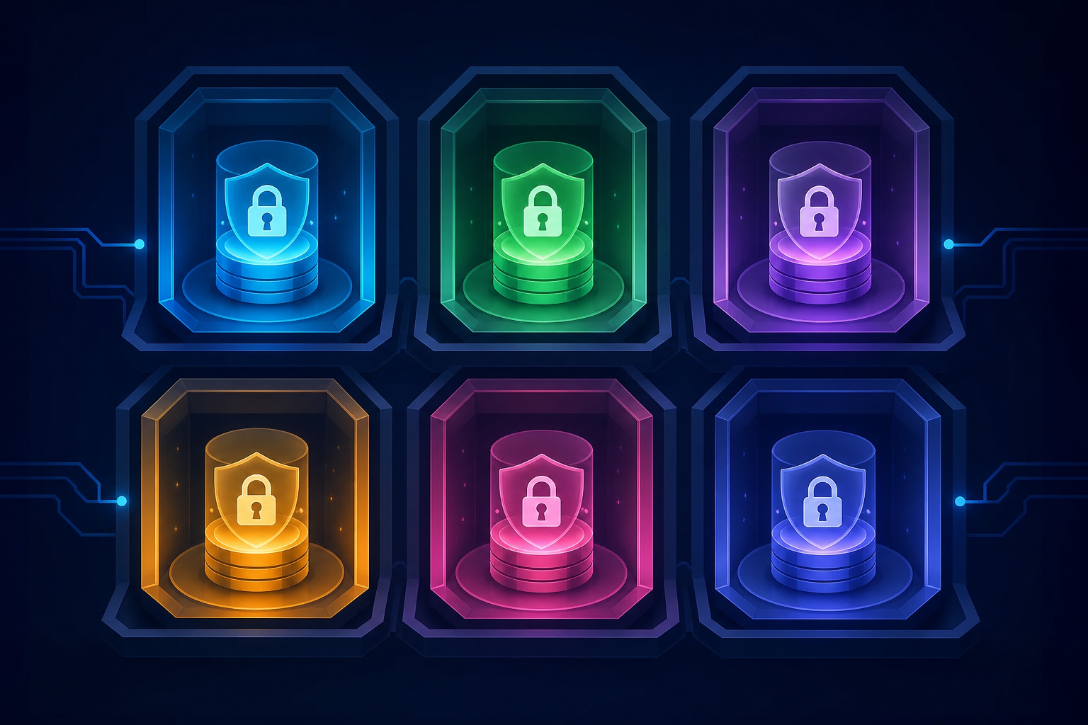 A dark, modern abstract illustration of multiple isolated data vaults or secure compartments arranged in a grid, each glowing with a distinct color, separated by clean geometric boundaries. The compartments represent isolated secure environments with digital lock icons and layered shield shapes. Minimalist tech aesthetic with deep navy blue background, subtle circuit-like connecting lines that stop at each boundary, conveying strict separation and security.