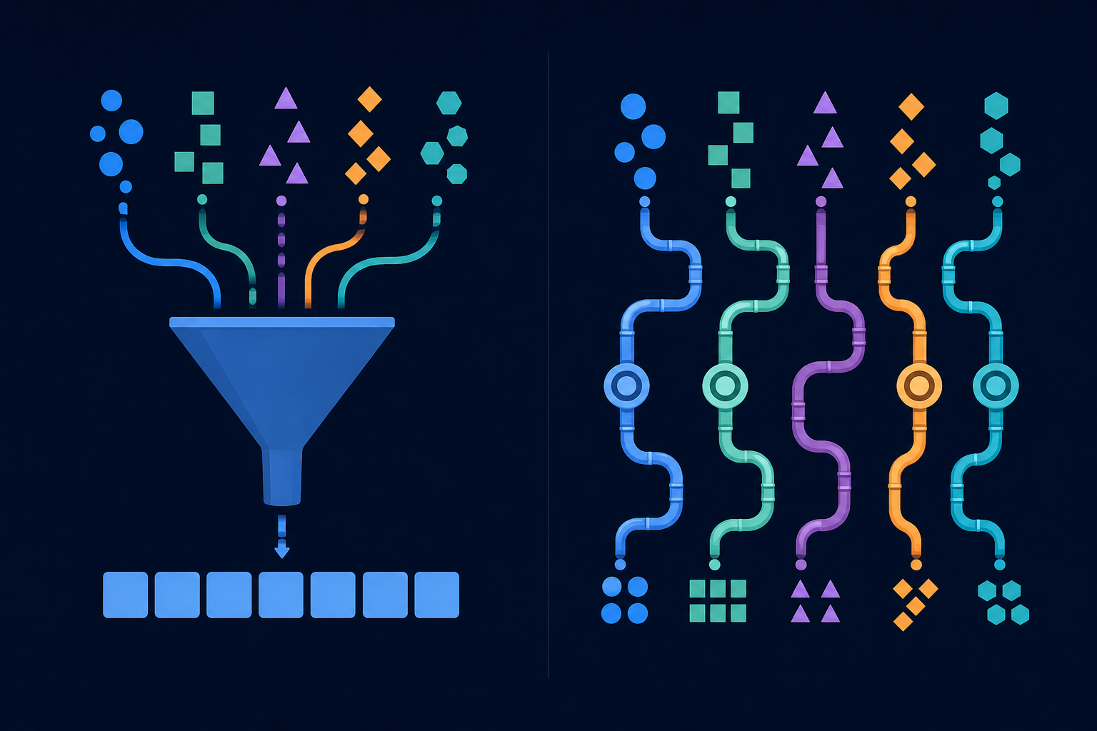 A split-screen architectural diagram illustration showing two contrasting data pipeline approaches: on the left, multiple colorful data streams flowing into a single rigid funnel that flattens them into identical uniform blocks, symbolizing data normalization and field loss; on the right, multiple colorful data streams flowing through flexible adaptive pipes that preserve each stream's unique shape and structure, symbolizing per-tenant field-level data transformation. Clean, modern flat design with a dark navy background, vibrant blue and teal accent colors, abstract geometric shapes representing data fields and records. No text, no labels, no words.