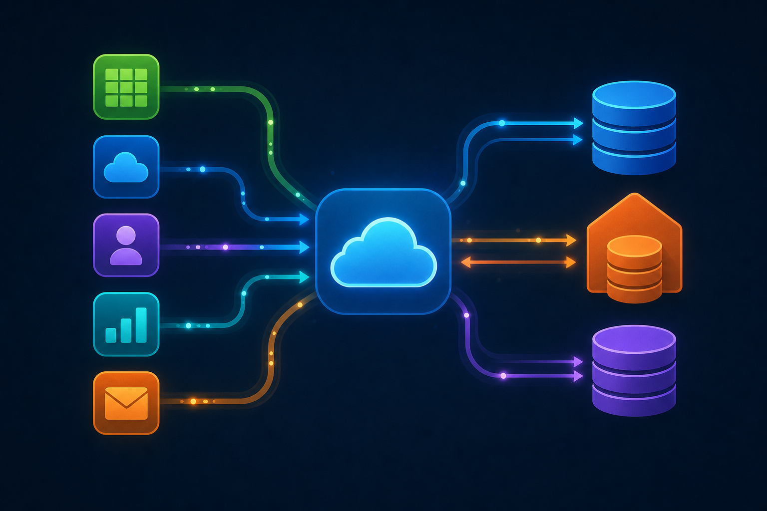 A clean technical diagram showing cloud integration architecture: multiple colorful app icons connected by flowing data streams to a central cloud hub, with arrows indicating bidirectional data flow, on a dark modern background with glowing connection lines and subtle pipeline visualization
