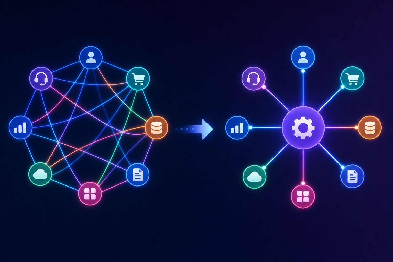 Abstract technical diagram showing a complex web of interconnected nodes on the left transforming into a clean, simplified hub-and-spoke network on the right, representing integration complexity reduction. Left side shows a dense mesh of colorful glowing connection lines between many small icons. Right side shows the same nodes all connecting cleanly through a single central hub node. Dark background with blue and purple gradient tones, modern flat design style, no text or labels.