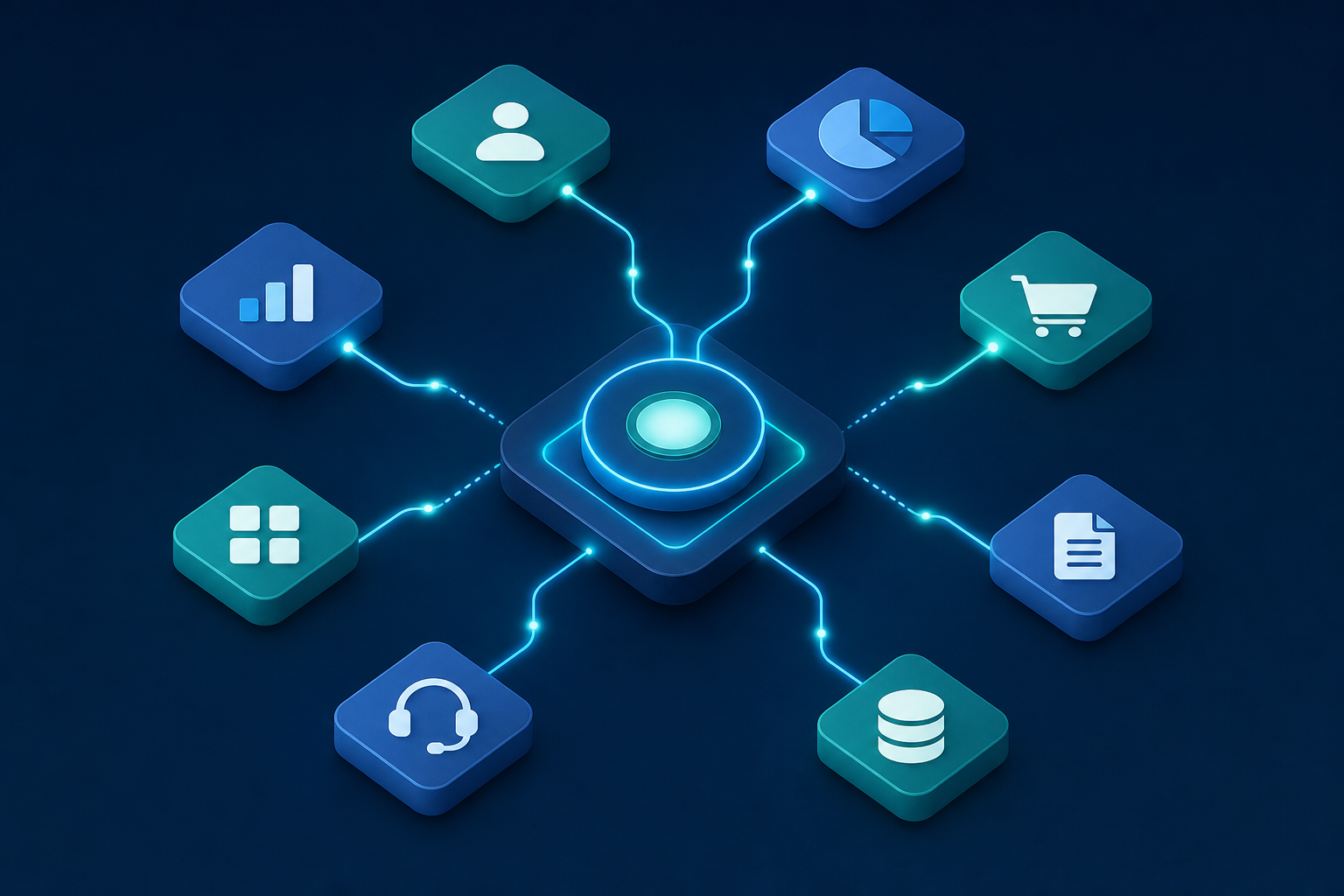 A clean, modern technical diagram showing multiple software application icons connected through a central hub or integration layer, with glowing connector lines flowing between them, representing a B2B SaaS integration platform. Abstract geometric shapes representing different software tools like CRM, accounting, and ERP systems linked together through a central node, dark blue and teal color scheme, isometric perspective, no text or labels