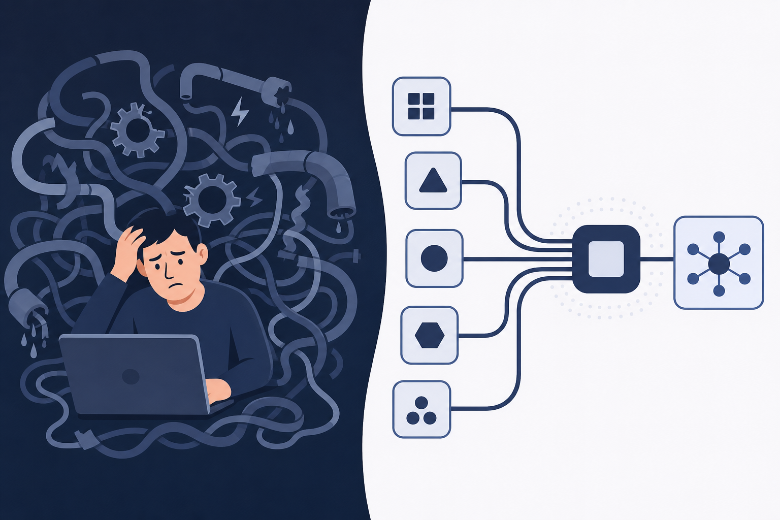 A split illustration showing two contrasting paths: on the left, a developer overwhelmed by a tangled web of cables, gears, and broken pipes representing maintenance chaos; on the right, a clean modular system with smooth connected blocks flowing effortlessly into a central hub, representing a managed integration platform. Dark blue and white color palette, flat modern design style, no text or labels