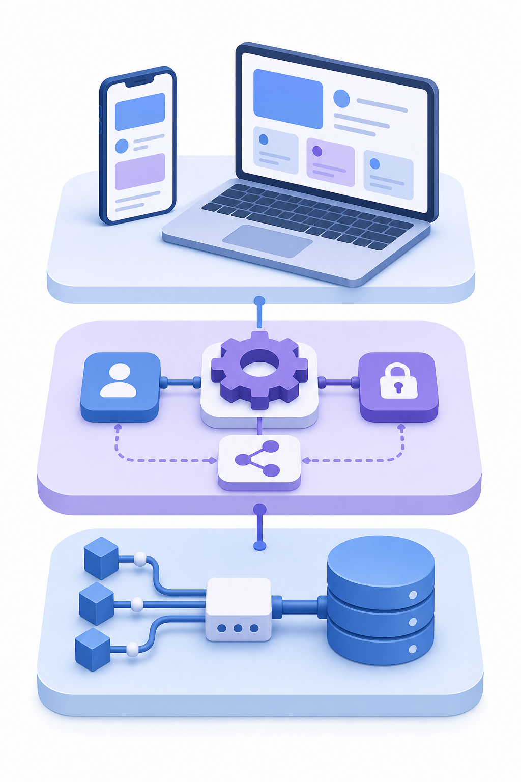 A clean isometric illustration showing three connected layers of a software integration system: a user-facing mobile and desktop interface at the top, a middle layer with gear and API connector icons representing authentication and OAuth flows, and a bottom layer showing data flowing into a database through pipelines. Soft blue and purple color palette, modern flat design style, no text or labels anywhere in the image.