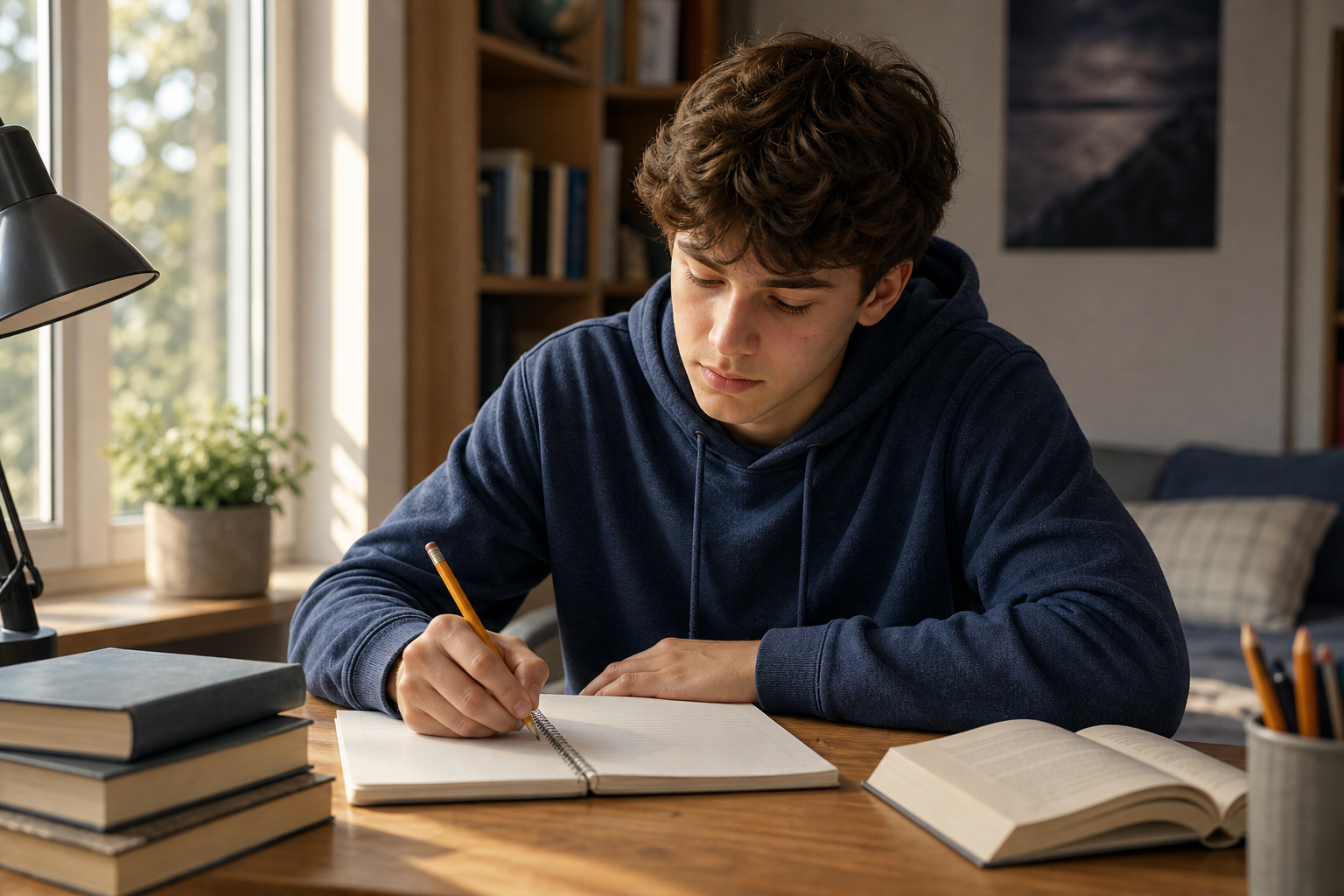 A high school student sitting at a wooden desk writing thoughtfully in a notebook, soft natural light coming through a window, books and a pencil nearby, warm and focused atmosphere, realistic editorial illustration style, no text or words anywhere in the image