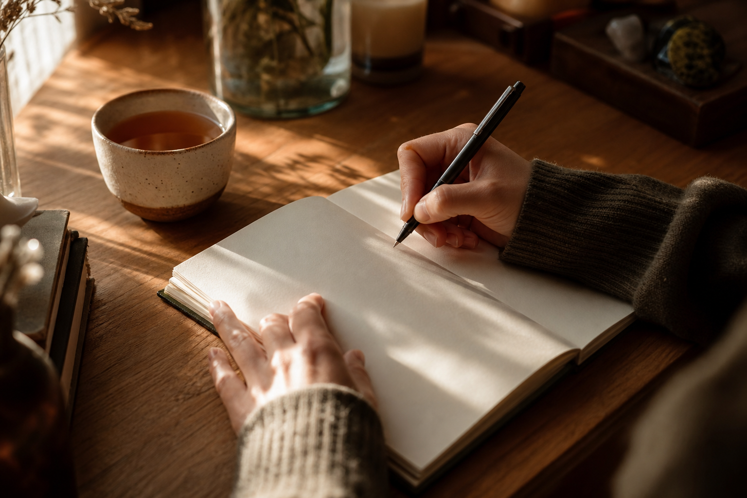 A close-up of a student's hands writing in a notebook at a wooden desk, with warm afternoon light casting soft shadows, a cup of tea nearby, conveying focused creative thought and personal reflection