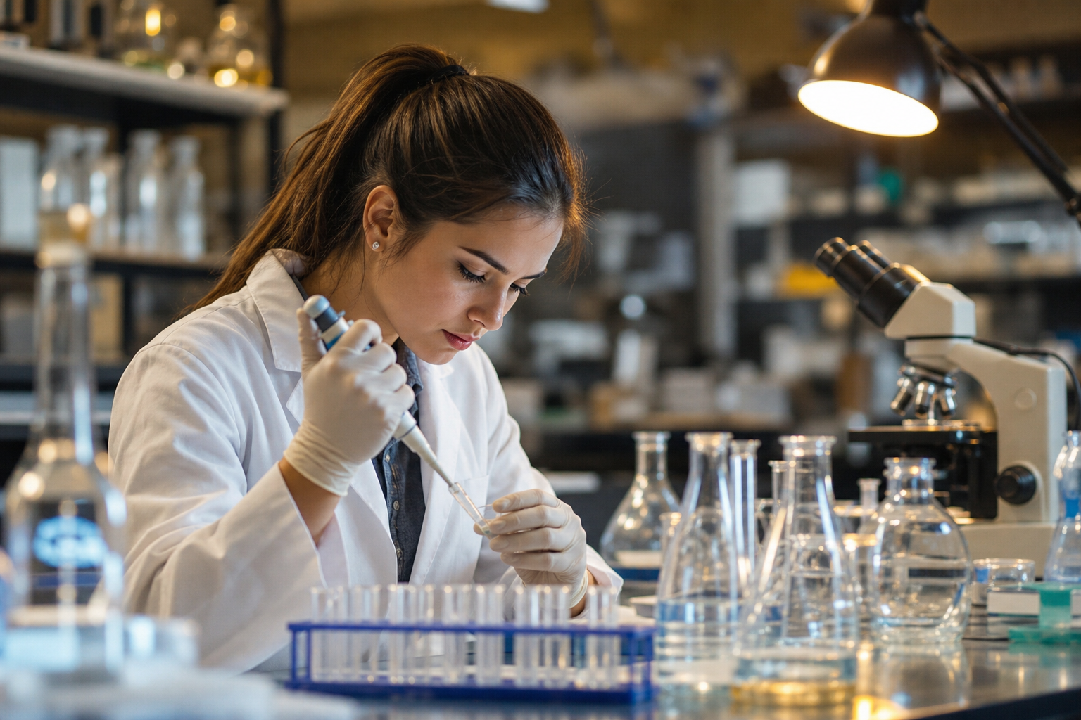 A focused young student conducting scientific research in a university laboratory, surrounded by beakers, microscopes, and scientific equipment, warm ambient lighting, photorealistic style, no text or labels