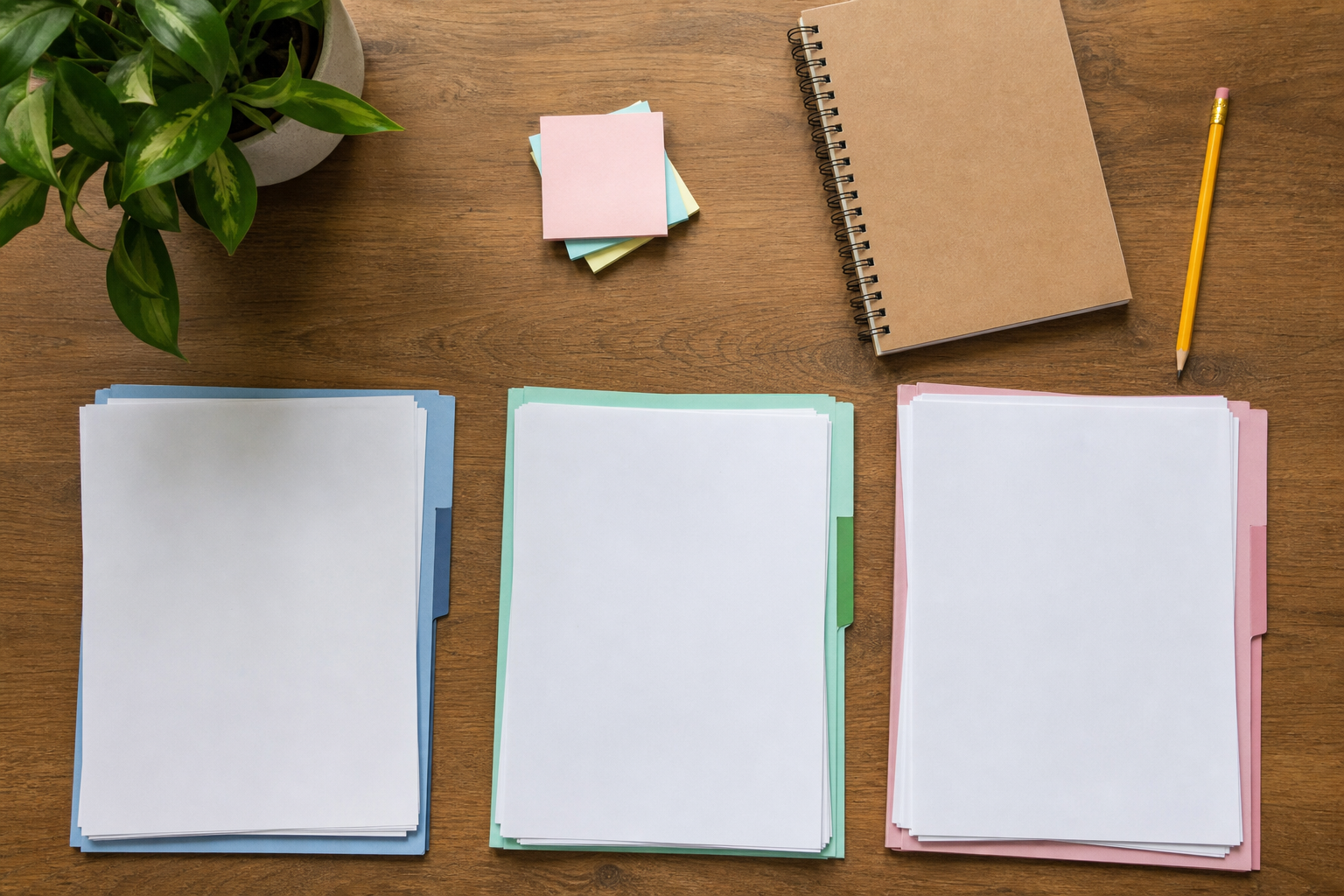 A flat lay overhead view of a wooden desk with three neat stacks of papers or folders organized into groups, representing reach, target, and likely schools, with a pencil, sticky notes, and a notebook nearby, soft natural lighting, clean and organized study aesthetic, photorealistic style