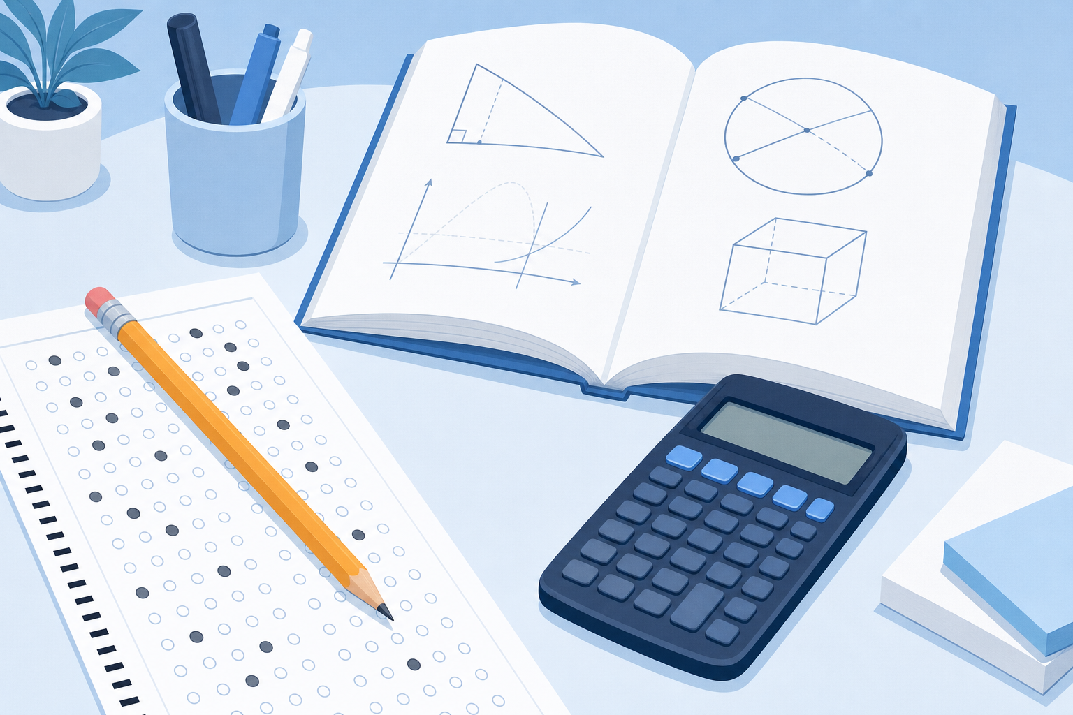 A clean, modern flat-design illustration of standardized test preparation: a sharpened pencil resting on a filled-in bubble answer sheet, a calculator beside an open math workbook with geometric equations and graphs, soft blue and white color palette, minimalist academic aesthetic, no text or numbers visible