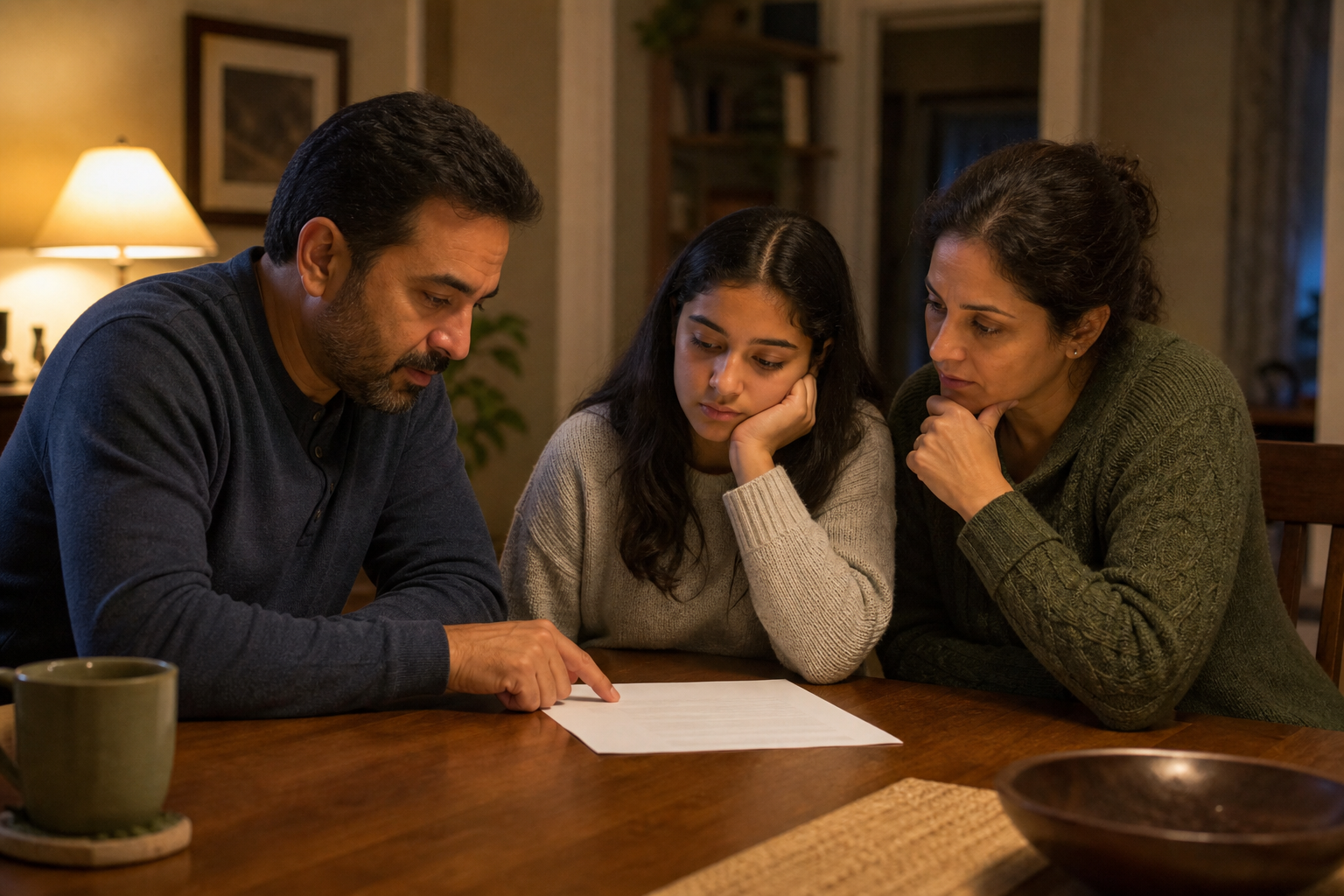 A family of three seated around a dining table, looking at a single document together under warm lamplight. One parent points thoughtfully at the paper while the student listens. The scene feels serious and contemplative, set in a cozy home environment. Realistic illustration style, no text or words anywhere in the image.