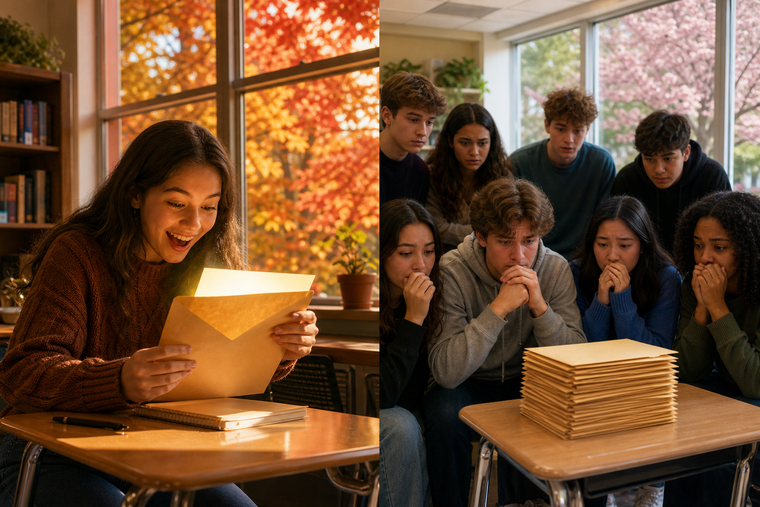 A split scene showing two groups of high school students at their desks in autumn and spring settings. On the left, a student in fall with colorful leaves outside the window excitedly opens a large envelope with a glowing acceptance letter inside. On the right, a larger group of students in spring anxiously waiting, with a stack of envelopes on a desk. Warm academic atmosphere, realistic illustration style, no text or words anywhere in the image.