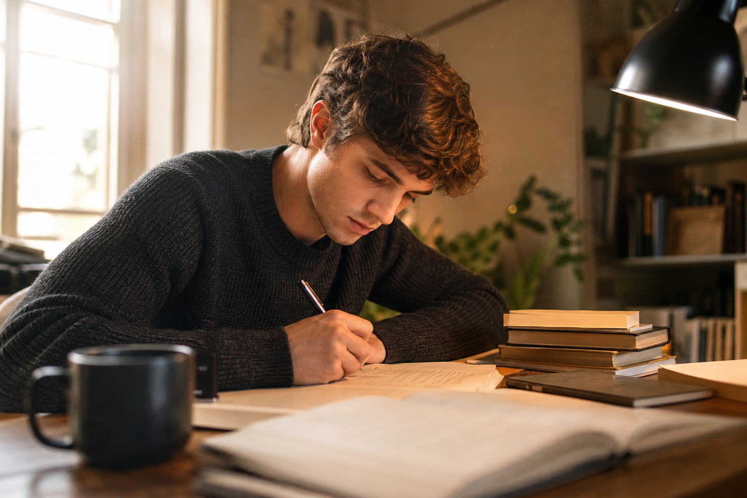 A focused student sitting at a desk writing thoughtfully on paper, surrounded by soft warm light, books nearby, in a cozy study environment — conveying deep personal reflection and creative writing, photorealistic style