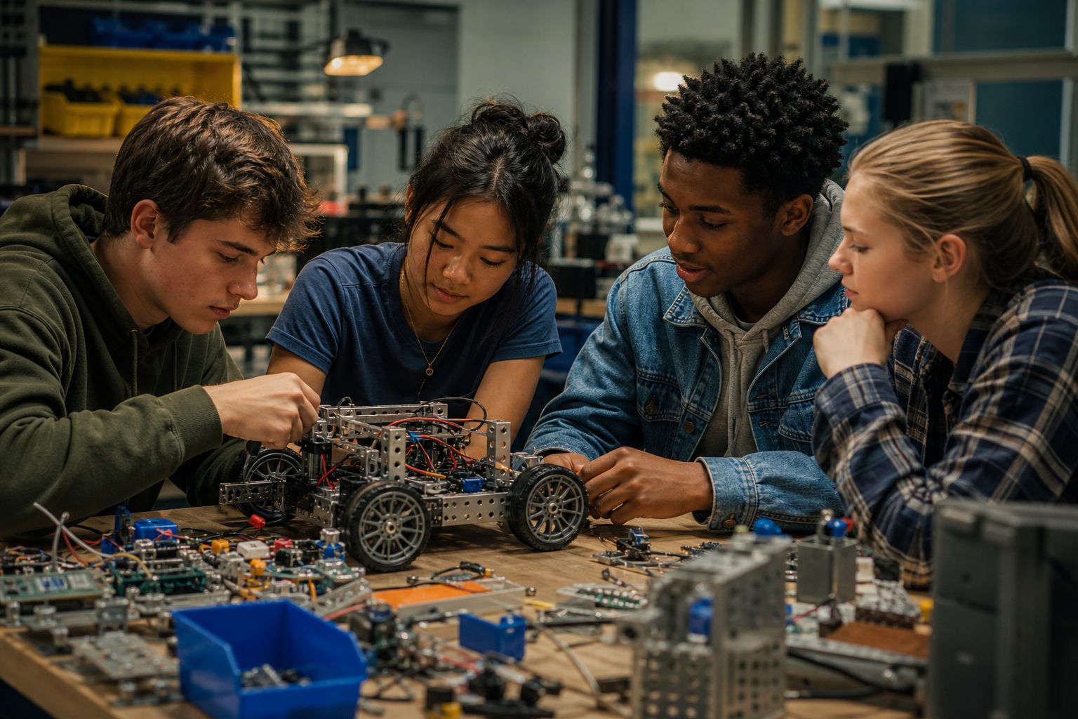 A diverse group of high school students collaborating on a robotics project in a workshop setting, with circuit boards and mechanical parts on a table, warm focused lighting, realistic editorial illustration style, no text or words anywhere in the image