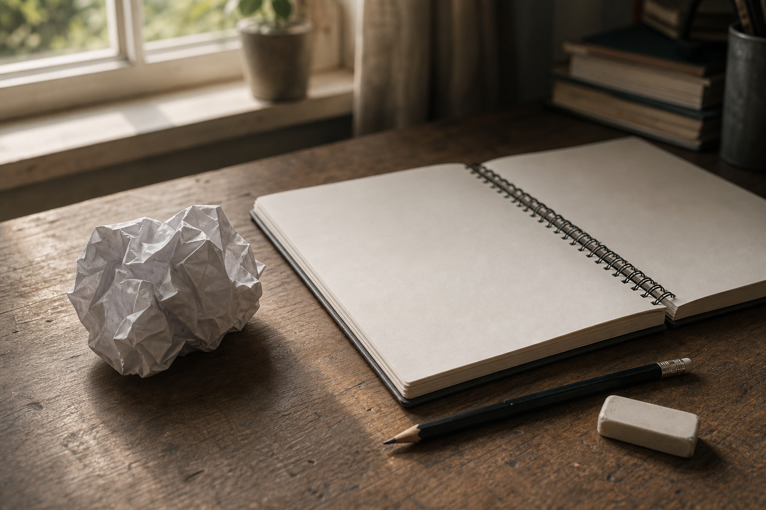 A crumpled sheet of paper next to a open notebook on a wooden desk, with a pencil and eraser beside them, soft natural light from a window, conveying the feeling of a discarded draft and the struggle of revision, no text or writing visible on the paper