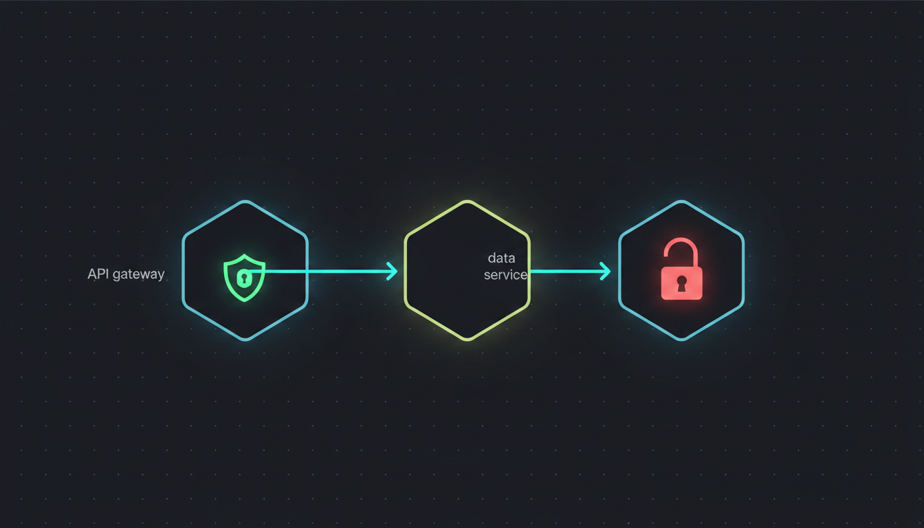 A glowing network of three interconnected microservice nodes arranged horizontally, visualized as geometric hexagons in deep blue and teal on a dark background, with a data flow arrow passing through the first node (API gateway, with a glowing green lock shield), continuing through to the second node (middleware, with a faint yellow warning glow), and then to the third node (data service, with a red open padlock icon), illustrating a missing security check at the final layer, abstract and technical aesthetic, soft neon glow on connections, clean minimalist digital art style, no text, no letters, no words
