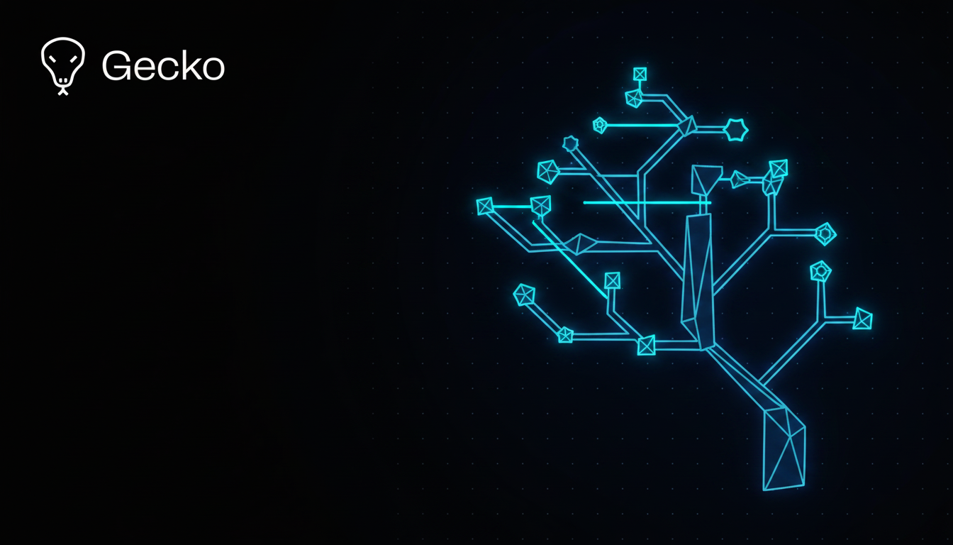 A glowing abstract tree structure representing an abstract syntax tree, with interconnected nodes and edges flowing downward in a branching pattern, visualized in deep blue and teal on a dark background, with highlighted paths showing data flow tracing through the branches, geometric and technical aesthetic, soft neon glow on the nodes, clean minimalist digital art style, no text, no letters, no words