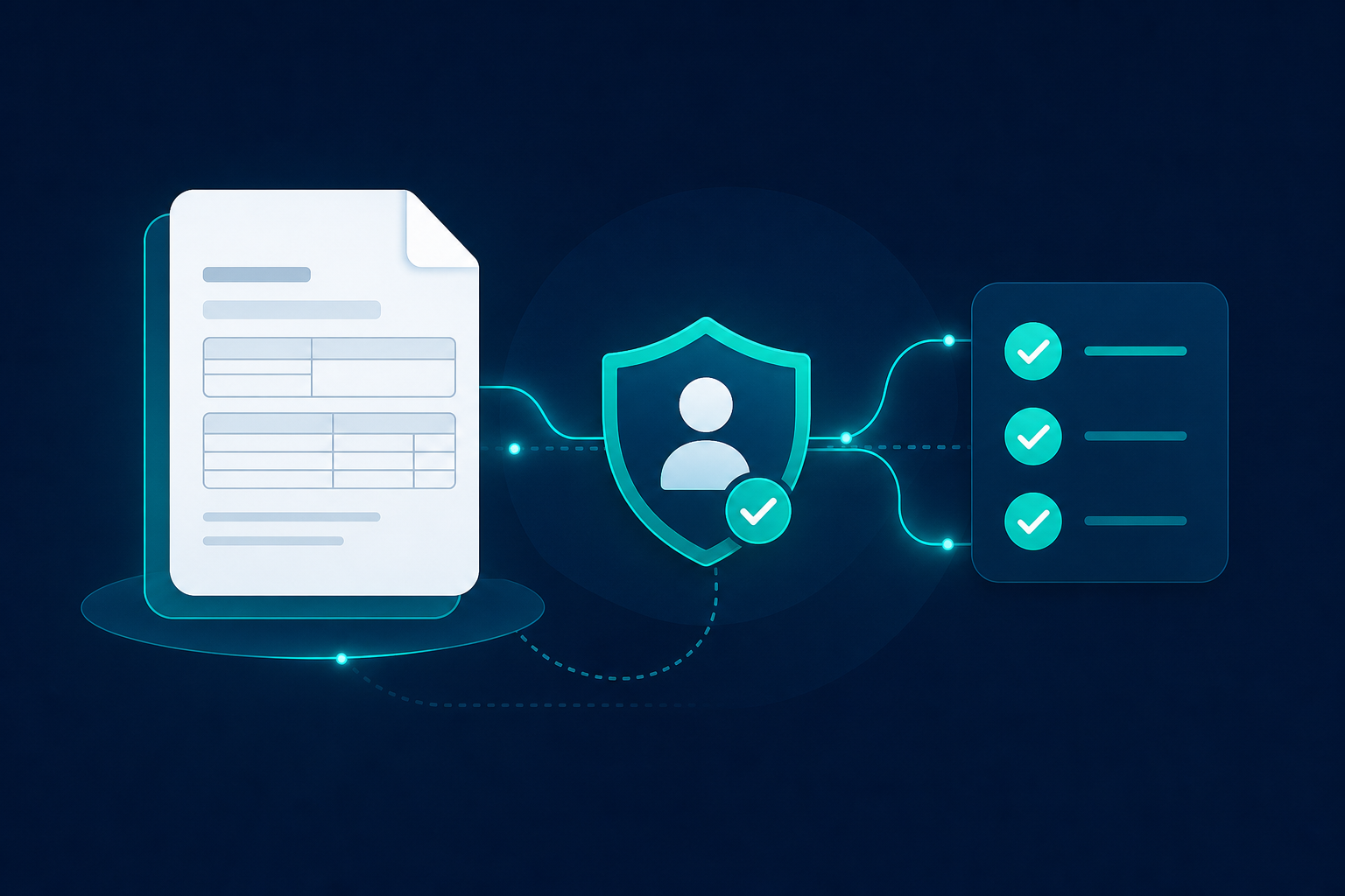 A clean, modern flat-design illustration showing automated compliance and tax filing for a fintech payout platform. Visual elements include: a stylized 1099 tax form, KYC identity verification shield icon, and a checklist with checkmarks, all connected by flowing lines suggesting automation. Color palette: deep navy blue background with bright teal and white accents. Professional, minimal, tech-forward aesthetic suitable for a fintech blog.