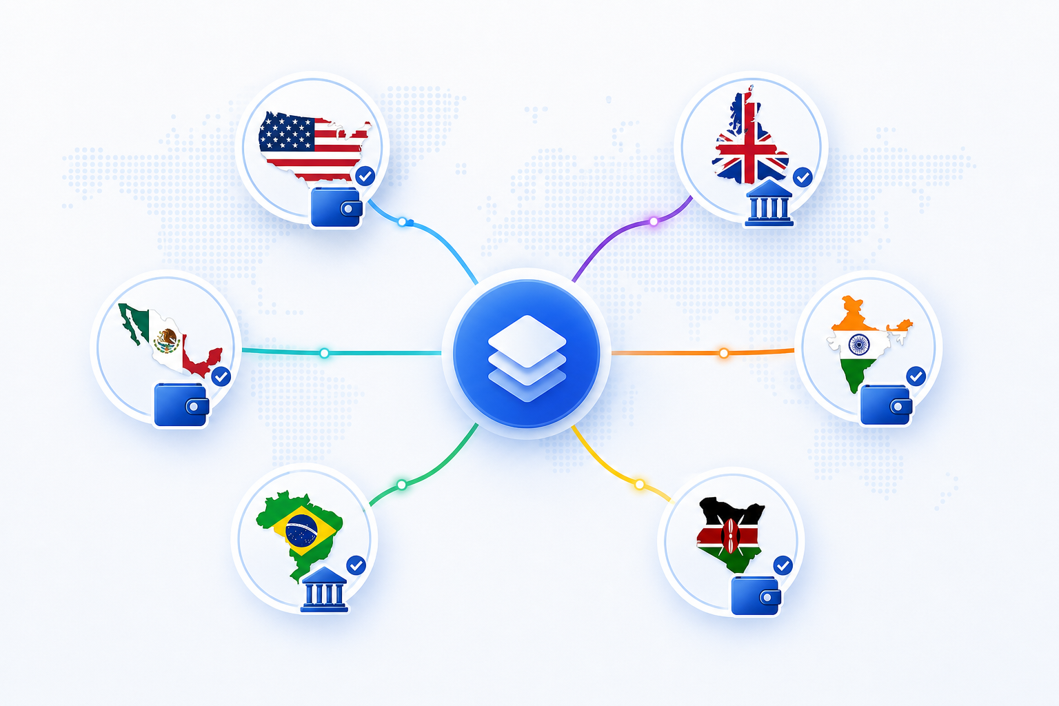 A clean, professional flat-design illustration showing a global payout network for gig workers. A central hub labeled "Payout API" connects to icons representing different countries (US, UK, Mexico, India, Brazil, Kenya) via colored lines representing different payment rails (RTP, Faster Payments, SPEI, UPI, PIX, M-PESA). Each country node shows a small wallet or bank icon receiving funds instantly. Modern blue and white color palette, minimal style, no text labels needed.
