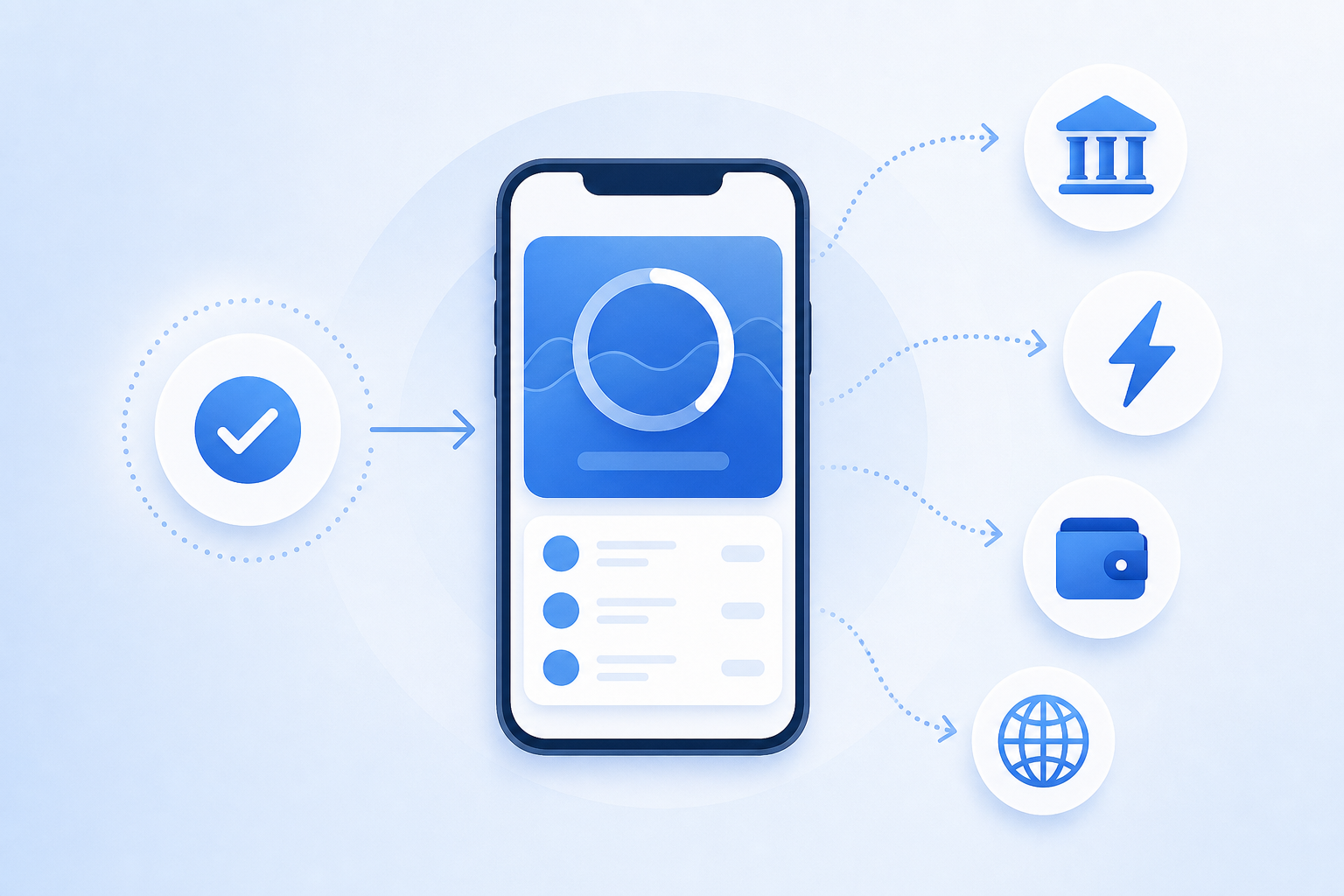 A clean, professional flat-design illustration showing embedded banking tools for gig workers. A smartphone in the center displays a real-time earnings balance dashboard. Around it, icons represent different withdrawal options: a bank building (ACH), a lightning bolt (RTP/instant), a digital wallet icon, and a globe (international). Arrows flow from a completed task checkmark into the phone balance. Modern blue and white color palette, minimal style, no text labels needed.