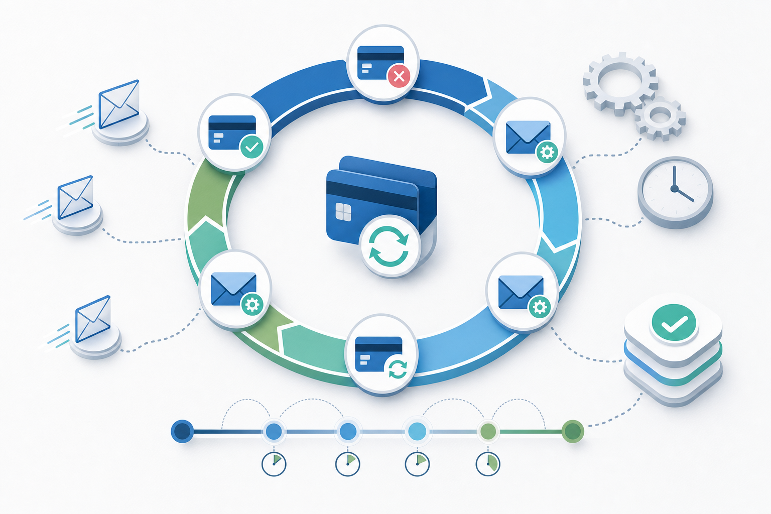 A modern, clean illustration showing automated payment recovery dunning management workflow. Show a circular retry cycle with multiple stages, automated email notification icons, credit card symbols with refresh/retry arrows, and a timeline indicating 7-14 day windows. Include visual elements suggesting automation like gears or clockwork mechanisms, payment processing nodes, and successful recovery checkmarks. Use a professional color palette with blues, greens, and grays. Isometric or flat design style showing the flow from failed payment to successful recovery.