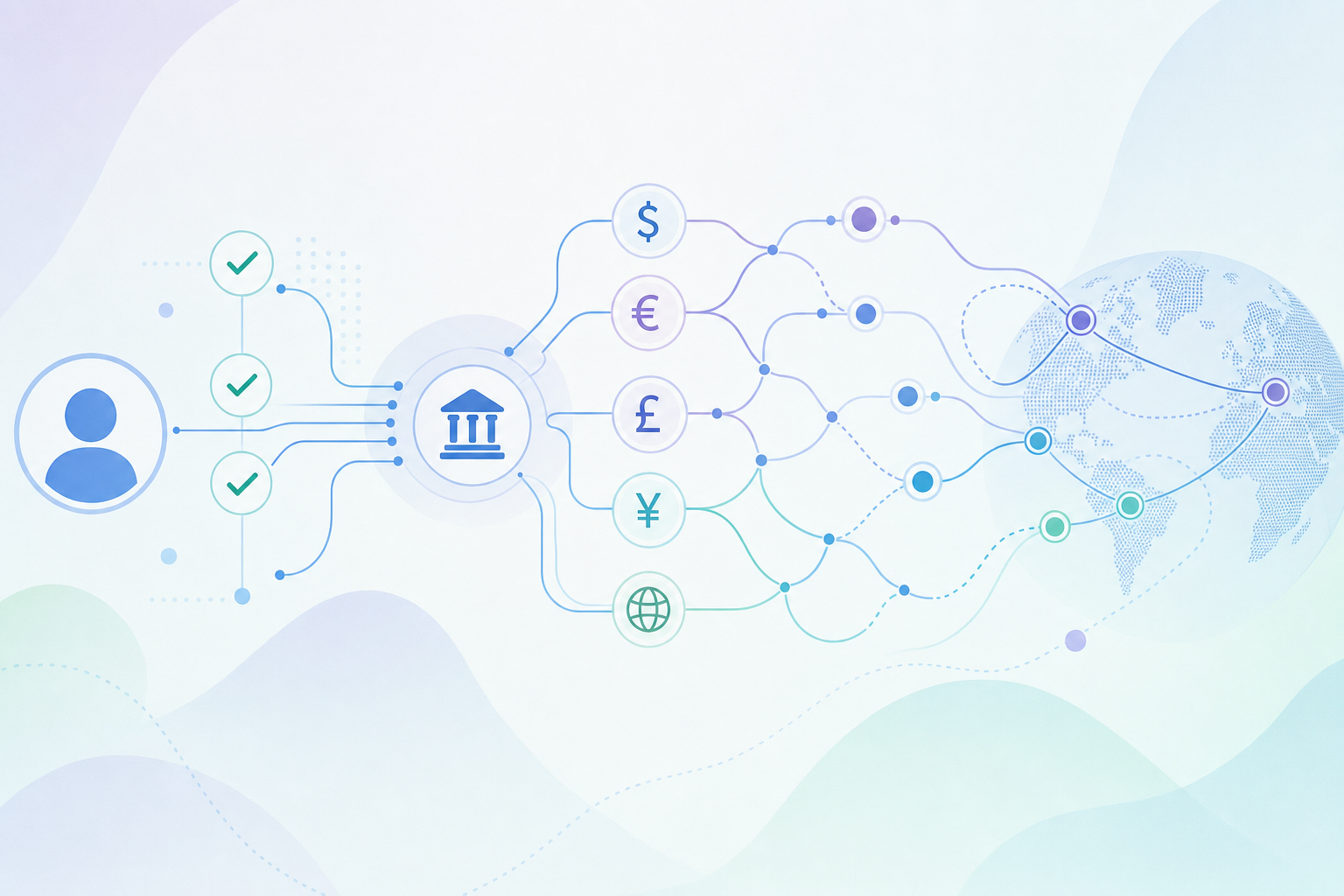 A clean, modern technical illustration showing a complex payment infrastructure workflow. Visual elements include identity verification checkmarks, currency conversion symbols flowing through multiple connected pathways or nodes, global network connections represented by lines connecting different regions, and routing logic depicted as branching decision trees or network diagrams. Use a professional color palette with blues, purples, and greens. Flat design style, minimalist, suitable for a fintech article about payment systems. No text, numbers, or letters in the image.