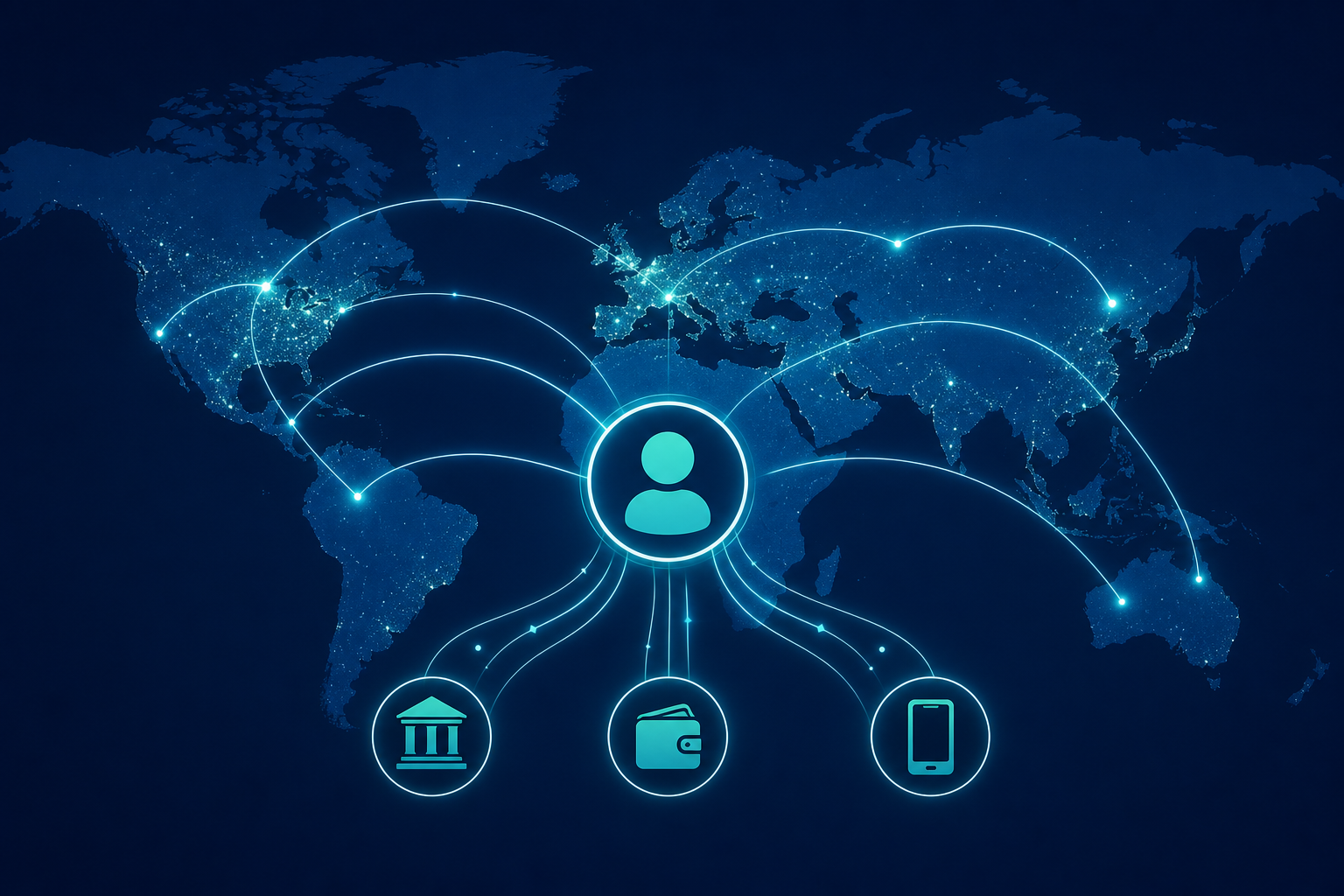 A clean, modern flat-design illustration showing a global payment network for affiliate marketers. A world map with glowing connection lines between continents representing instant payout rails. Icons for different payment methods (bank transfer, digital wallet, mobile payment) connected by flowing lines. Color palette: deep navy blue background with bright teal and white accents. Professional, minimal, tech-forward aesthetic suitable for a fintech blog.