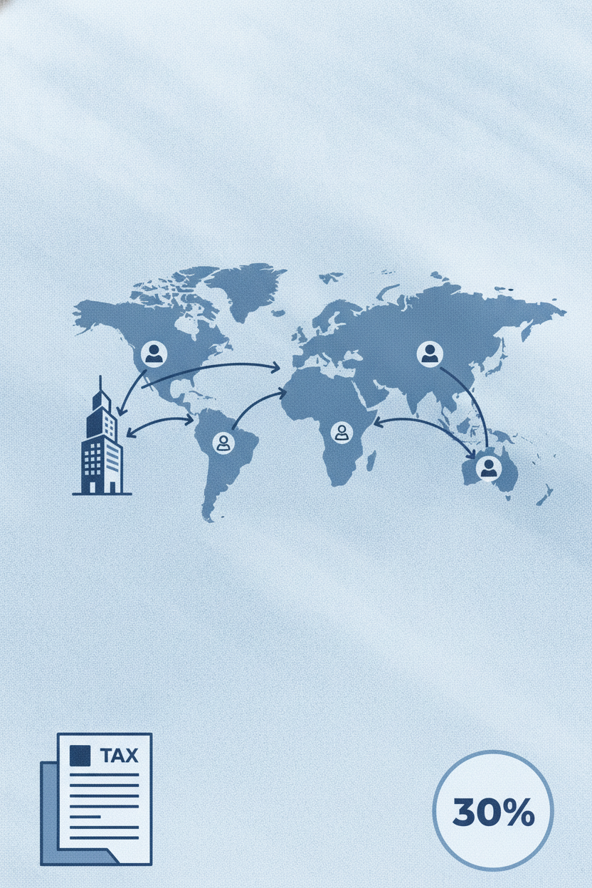 Clean, modern flat illustration for a fintech blog about U.S. tax withholding for foreign contractors: a world map with payment arrows flowing from a U.S. building to contractors in several countries, a tax form icon and a 30% badge in the foreground. Soft blue and white palette, no text other than "30%".