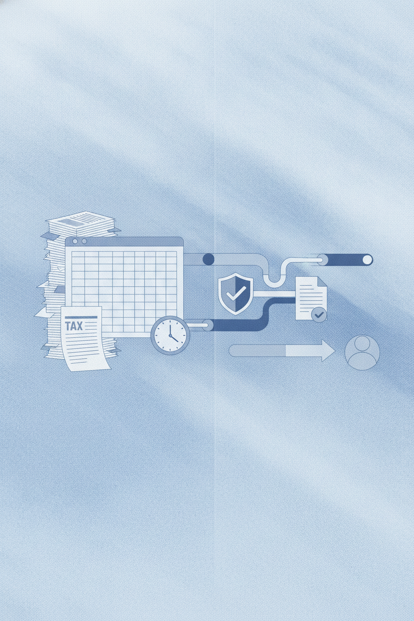 Clean modern flat illustration comparing manual versus automated contractor compliance: on the left a cluttered stack of paper tax forms and a spreadsheet with a clock, on the right a tidy automated pipeline with a shield checkmark, a verified document, and a payment arrow reaching a person icon. Soft blue and white palette, minimal style, wide 16:9 composition. No text, no letters, no numbers, no logos.