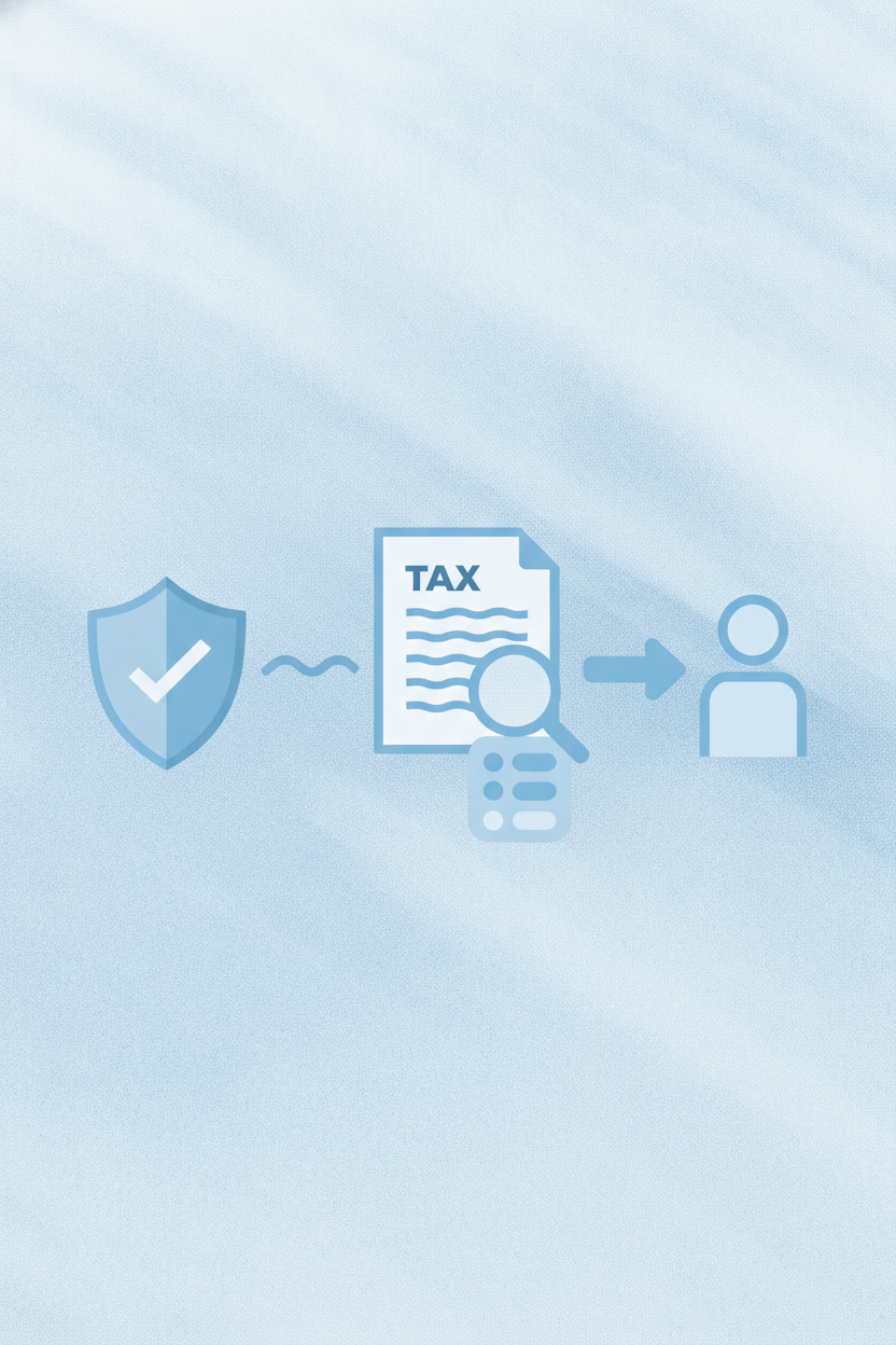 Clean modern flat illustration of a contractor payout compliance workflow: a shield with a checkmark connected to a document (tax form), a magnifying glass over a list of names, and a payment arrow moving to a person icon. Soft blue and white palette, minimal style, wide 16:9 composition. No text, no letters, no numbers, no logos.