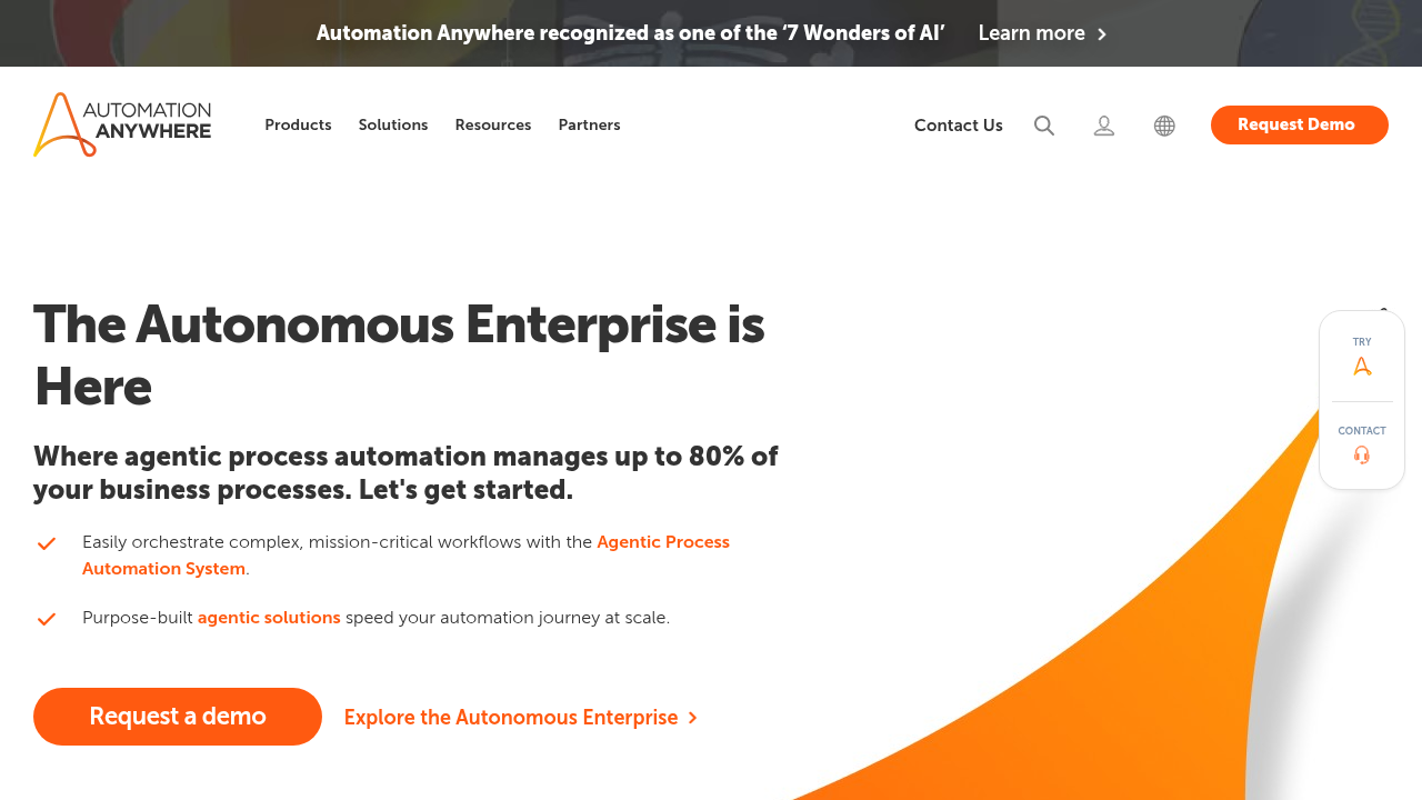 Automation Anywhere cloud-native RPA platform homepage featuring intelligent automation and bot development tools
