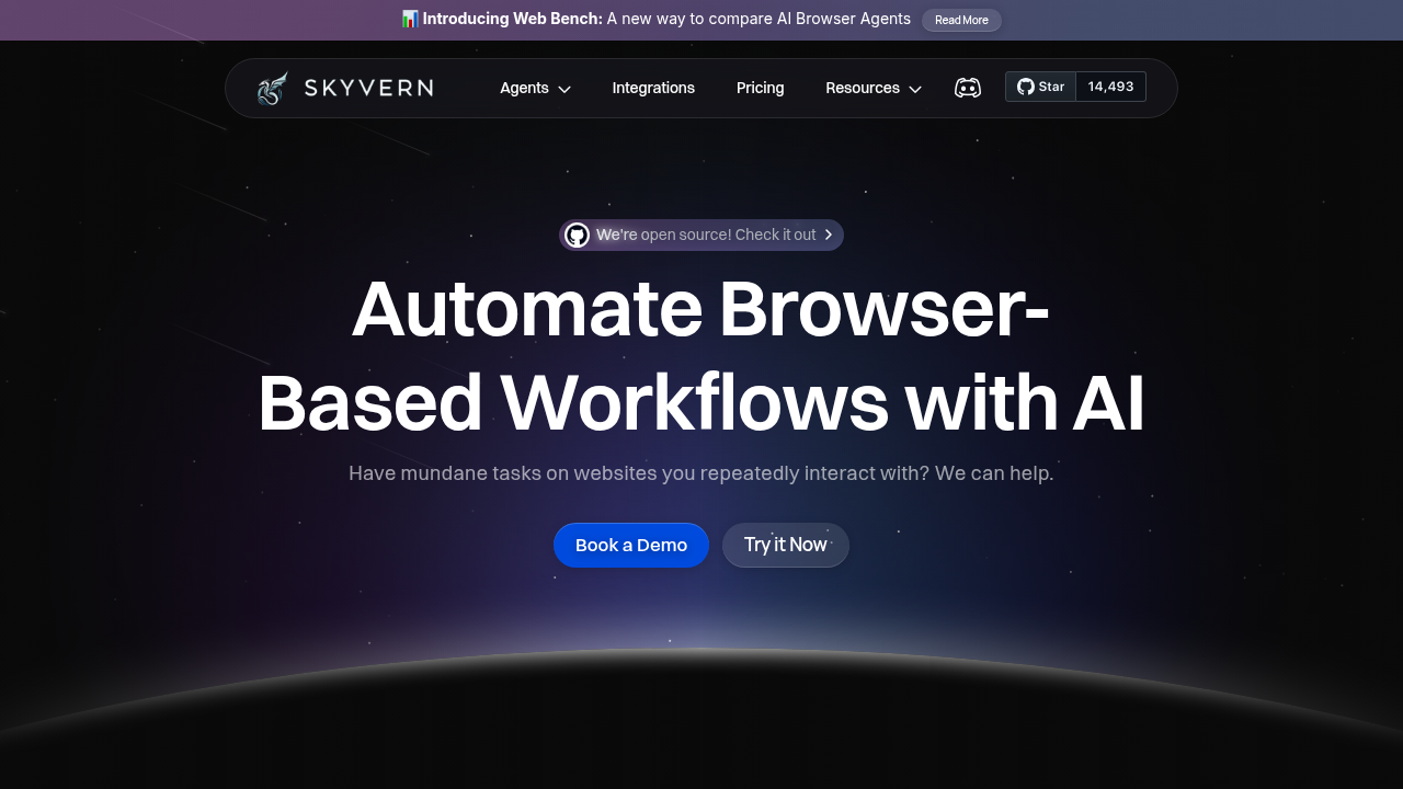 Skyvern AI-powered web scraping platform homepage showing automated data extraction and workflow capabilities