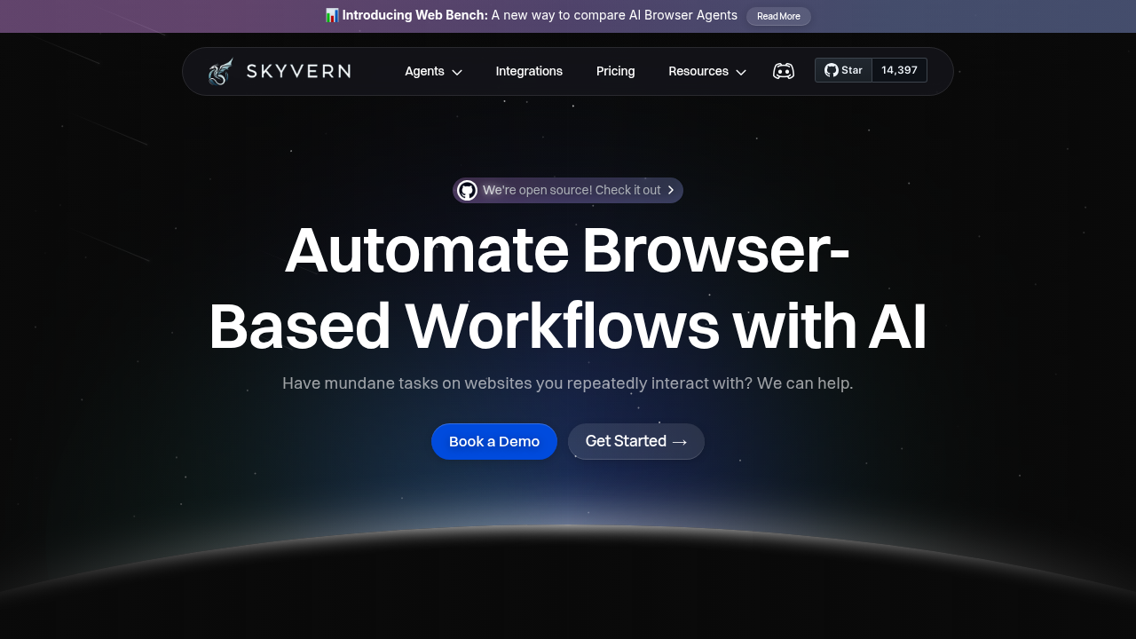 Skyvern AI-powered browser automation platform homepage showcasing workflow automation and web scraping capabilities