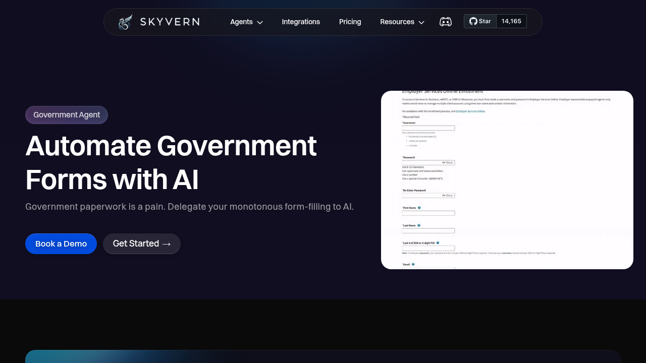 Skyvern government automation platform interface showing AI-powered form processing and compliance features for agencies
