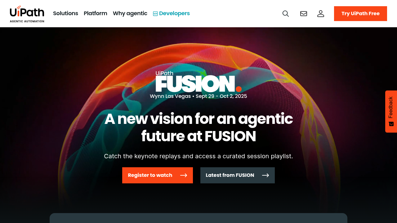 UiPath enterprise RPA platform homepage displaying visual workflow designer and automation orchestration features