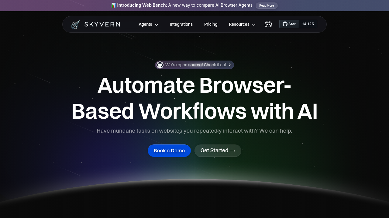Skyvern AI browser automation platform homepage showing CAPTCHA bypass and workflow automation features for enterprise users