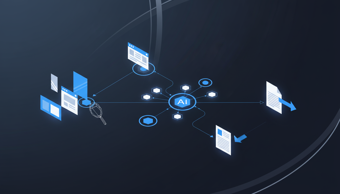 A modern, clean illustration showing an AI system analyzing and processing security questionnaire documents. The scene shows abstract representations of documents flowing through an intelligent processing pipeline, with visual elements suggesting document analysis, context extraction from multiple sources, and automated response generation. Use a professional blue and white color scheme with geometric shapes representing data flow, document stacks, and AI processing nodes. The style should be minimalist and technical, focusing on the workflow and transformation of information without any text or labels.