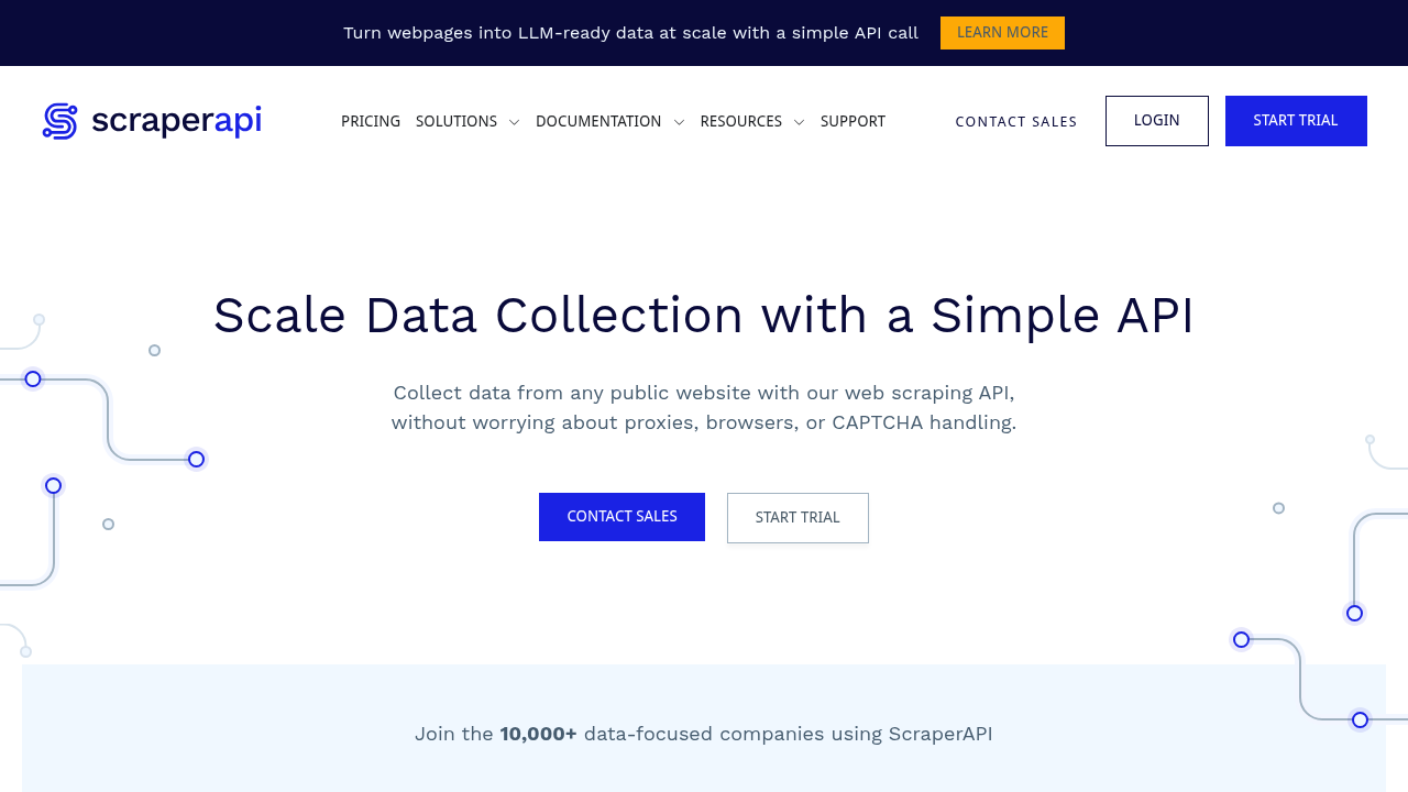 ScraperAPI homepage showing web scraping API features and pricing plans for data extraction and proxy rotation services