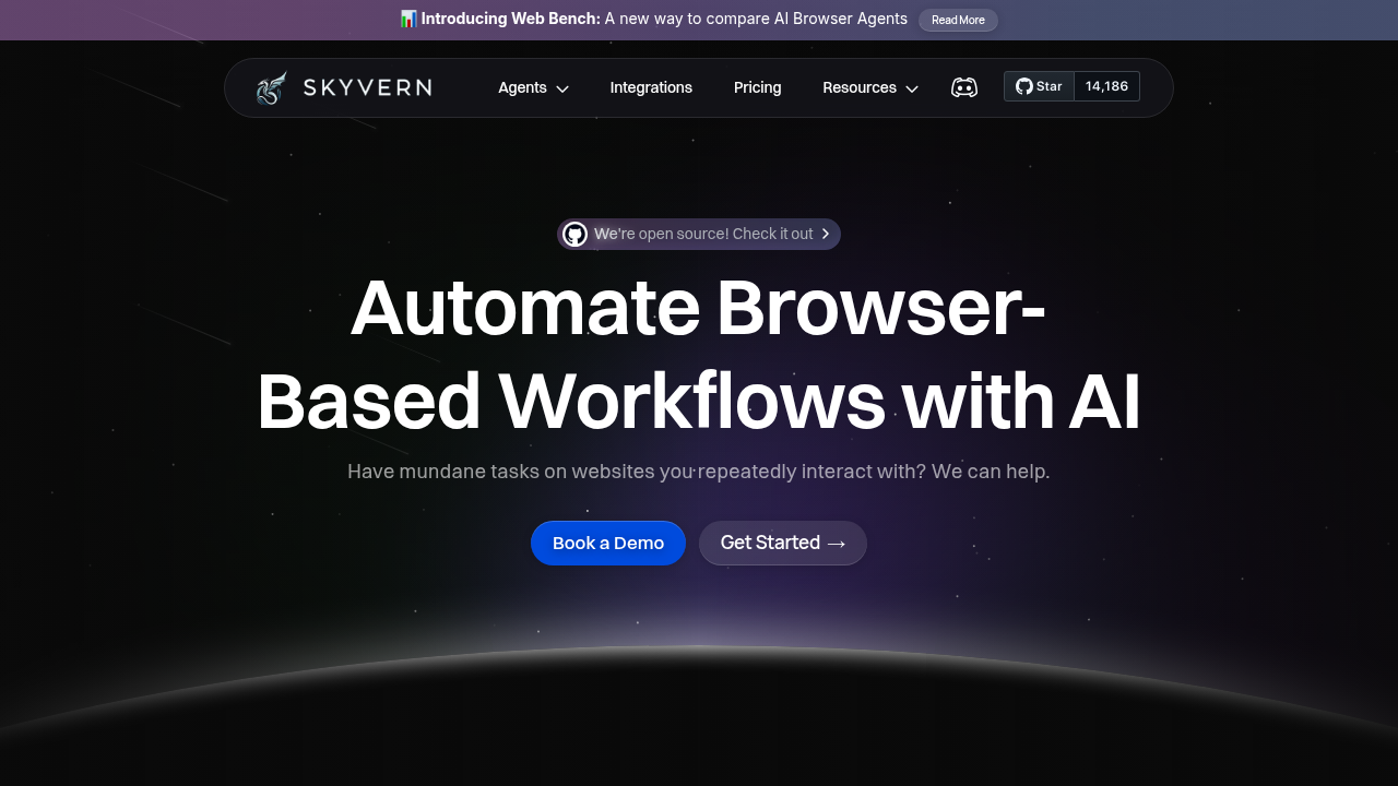 Skyvern homepage showcasing AI-powered browser automation platform for web scraping and workflow automation