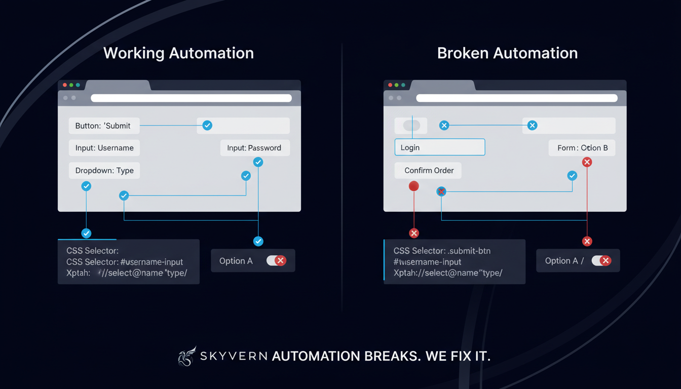 A professional technical illustration showing the concept of broken automation when website interfaces change. Split the image into two sides: on the left, show a simplified web interface with labeled elements (buttons, forms, dropdowns) connected to code selectors that are working properly with checkmarks. On the right, show the same interface redesigned with elements moved or changed, and the same code selectors now pointing to wrong places or broken with X marks. Use a clean, modern style with blue and red accent colors to show working vs broken states. Include visual representations of CSS selectors or XPath code snippets. Suitable for a technical B2B blog post about automation challenges.