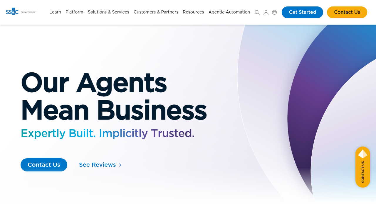 Blue Prism intelligent automation platform homepage displaying enterprise RPA security features and governance controls