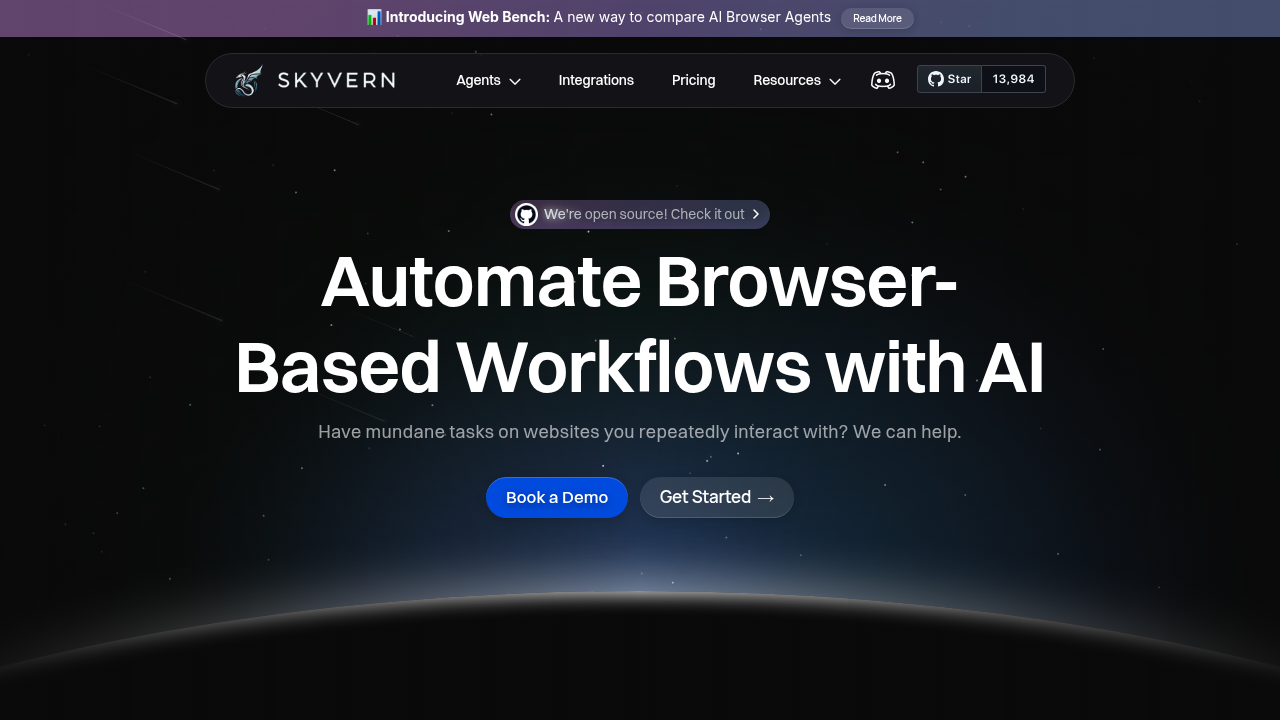 Screenshot of Skyvern's homepage showcasing enterprise-grade browser automation platform features and capabilities