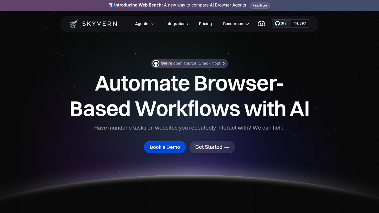 Skyvern AI automation platform homepage showing browser automation and proxy integration features for reliable web workflows