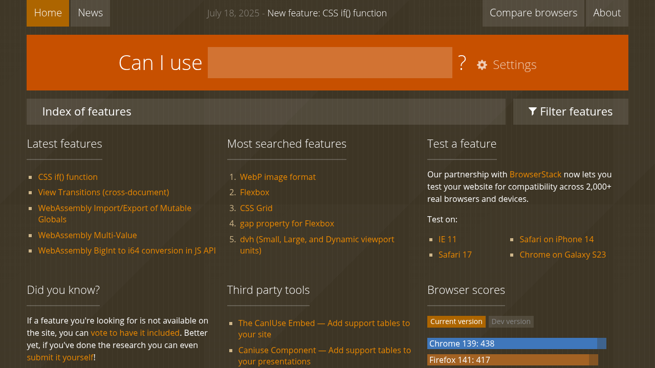 Can I Use website screenshot showing browser compatibility data and feature support across different web browsers