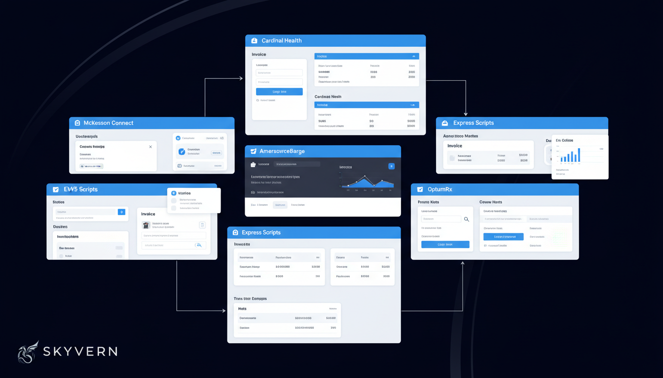 A clean, professional illustration showing a pharmacy workflow dashboard with multiple portal windows or tiles representing different pharmacy systems (McKesson Connect, Cardinal Health, AmerisourceBergen, Express Scripts, CVS Caremark, OptumRx). The image should convey the complexity of managing multiple vendor portals simultaneously, with elements like login screens, invoice documents, and navigation menus. Use a modern, minimalist style with a blue and white color scheme, suitable for a B2B SaaS blog post about pharmacy automation.
