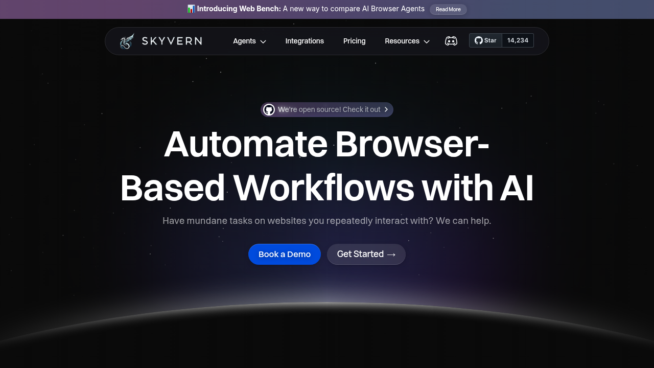 Skyvern homepage showcasing AI-powered browser automation platform for creating website APIs and automating web workflows