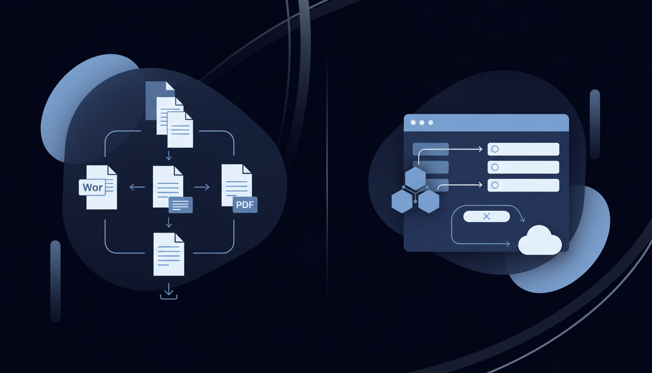 A split-screen comparison illustration showing two automation workflows side by side. Left side: traditional automation with documents (Word, Excel, PDF files) being processed and downloaded. Right side: modern portal automation showing a web browser interface with forms being filled automatically through browser automation. Use a clean, professional blue and white color scheme with abstract geometric shapes representing data flow, forms, and automation processes. Include visual elements suggesting the difference between file-based and web-based workflows, with arrows showing the flow from AI processing to final output. Style should be minimalist and technical without any text or labels.