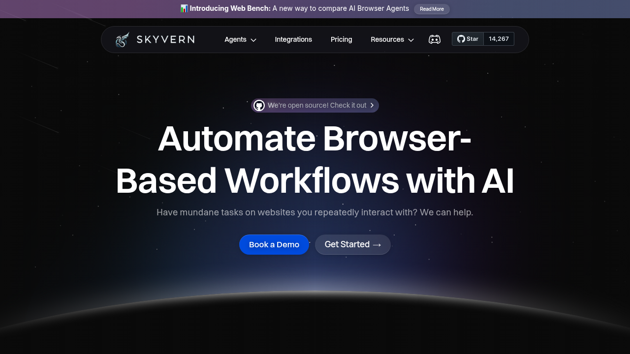 Skyvern homepage showcasing browser-based workflow automation platform for eliminating manual procurement bottlenecks