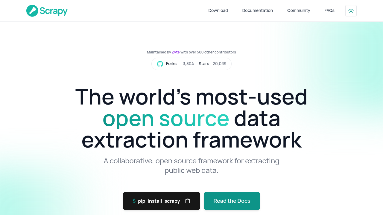 Scrapy official website displaying Python web scraping framework features and documentation for developers