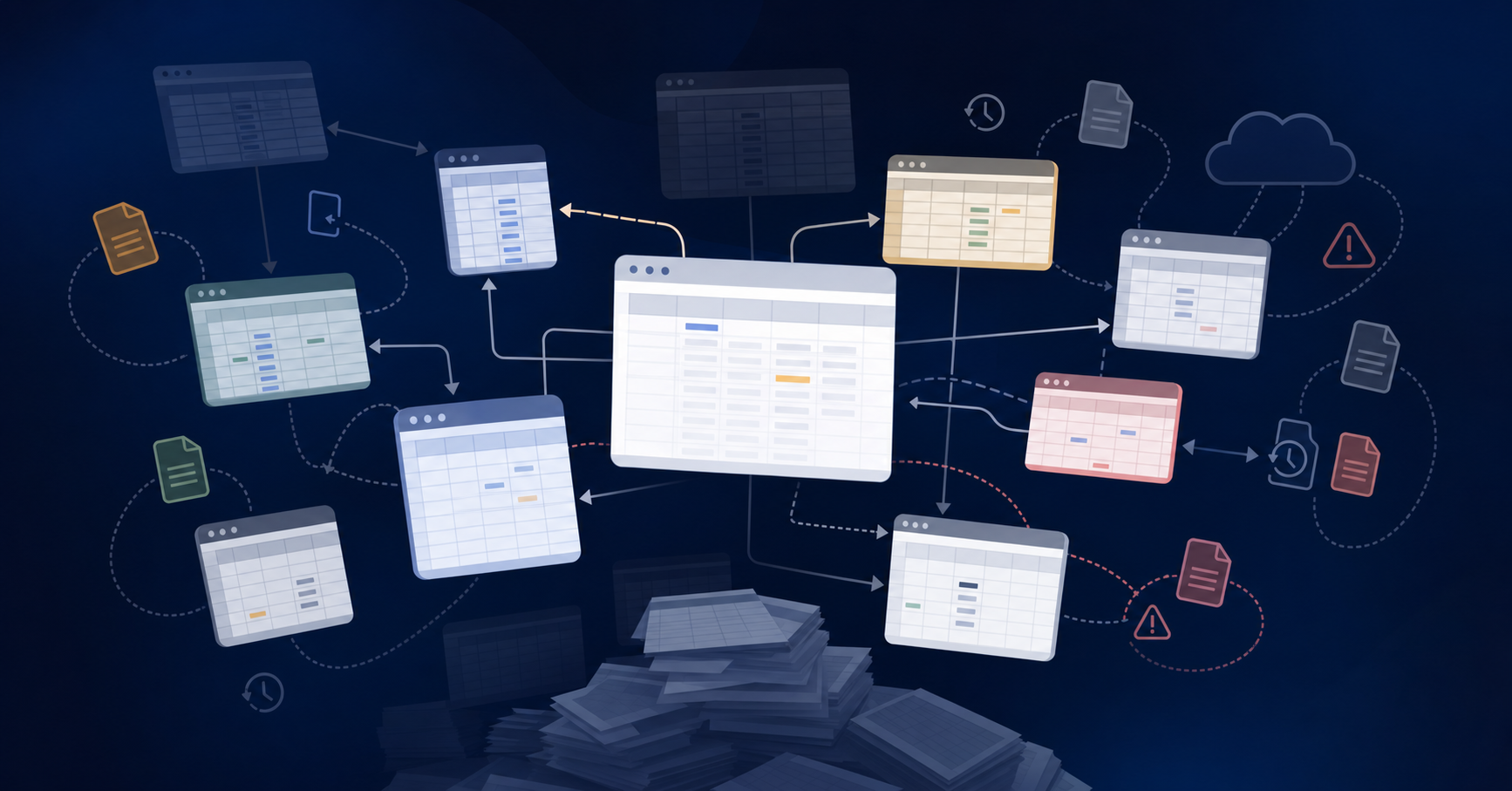 A professional illustration showing a complex spreadsheet reconciliation workflow with multiple interconnected spreadsheet documents floating in space. Show abstract representations of account balances, comparison arrows between documents, and visual indicators of version control chaos. Depict the complexity of managing hundreds of reconciliations across multiple files with no centralized tracking. Use a muted corporate color palette with blues, grays, and subtle accent colors. Modern, clean business illustration style suitable for a finance software article. No text or numbers visible.
