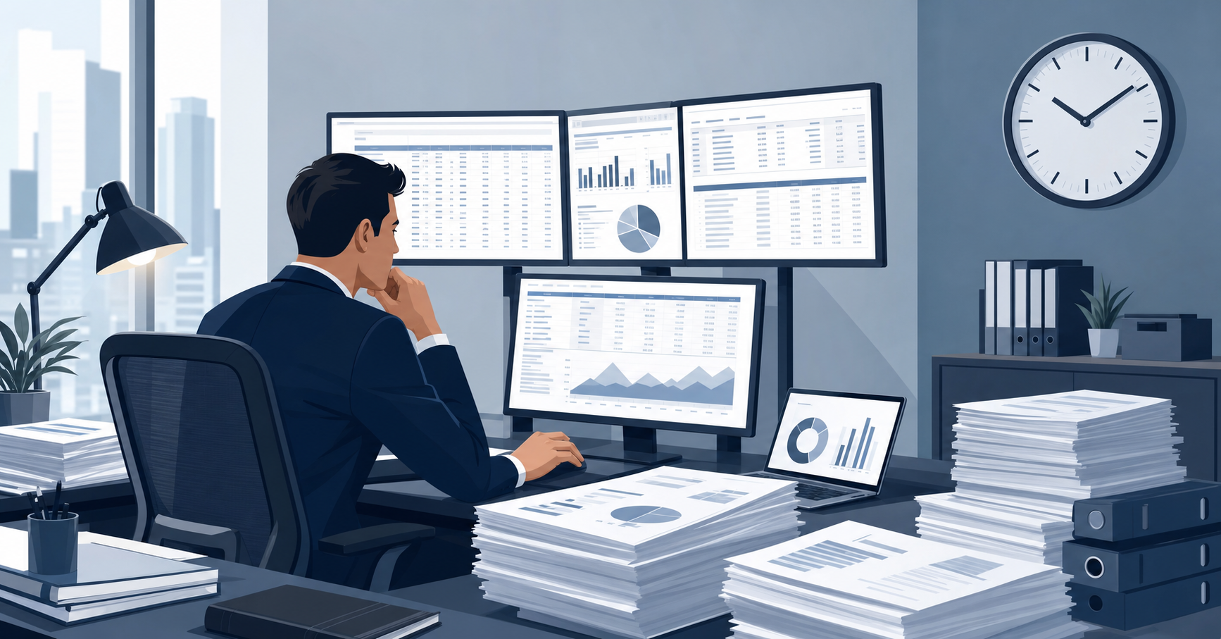 A clean, modern illustration showing a finance professional at a desk with multiple computer monitors displaying spreadsheets and financial data, surrounded by stacks of paper documents and reports, clock on the wall showing time pressure, professional office environment with muted blue and gray color palette, minimalist business illustration style